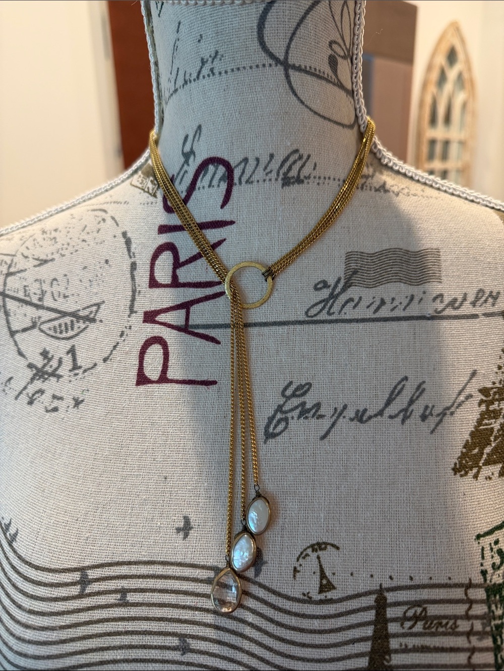 Rachel Reinhardt Gold-tone Lariat Necklace with Iridescent White Drops